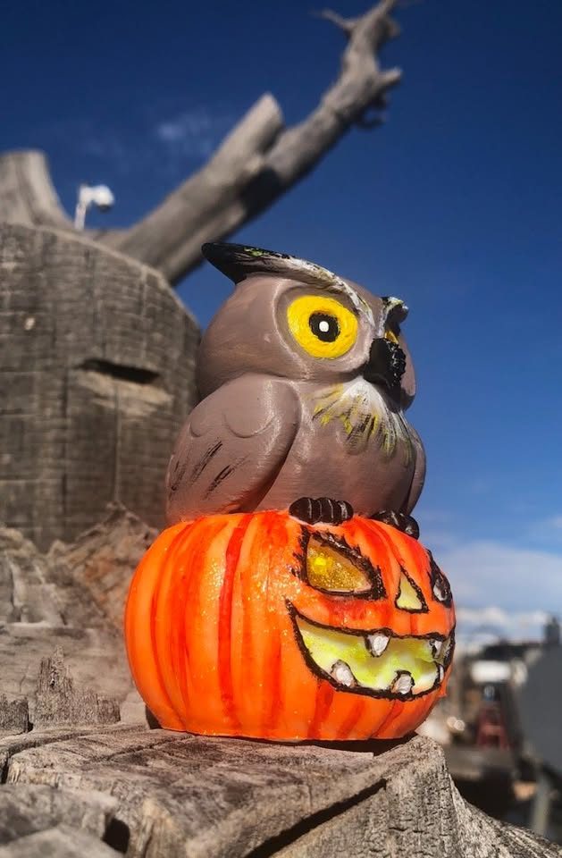 Hand-painted owl on a jack-o'-lantern, another view